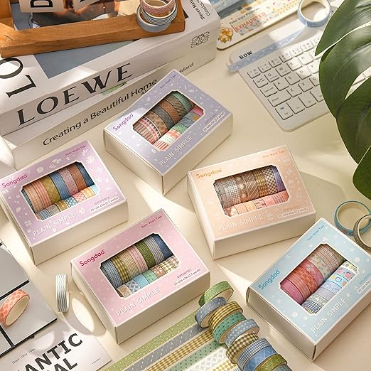 Songdao 20 Rolls Basic Washi Tape Set Japanese Arts Adhesive Tapes Simple Patterns Decorative Masking Tape Sets for Craft, Kids, Scrapbook, DIY, Gift Wrapping (Style One)