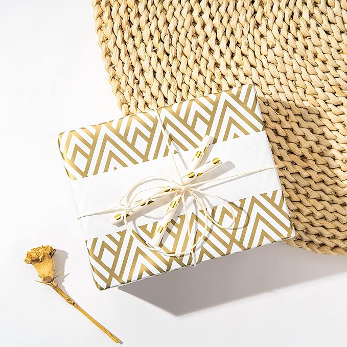 LeZakaa Gold Wrapping Paper Roll, Luxury Metallic Gift Wrap with Heart, Geometric & Floral Pattern for Wedding, Birthday, Anniversary, Bridal Shower, Christmas, Valentines, 17 x 120 inches, 3Rolls