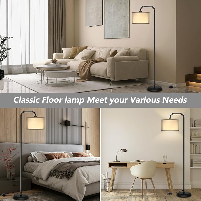 PARTPHONER LED Floor Lamp for Living Room, Modern Standing Lamp with Foot Switch Grey Organza Fabric Shade Tall Pole Reading Lamp for Bedroom Study Room Office, 9W Bulb Included