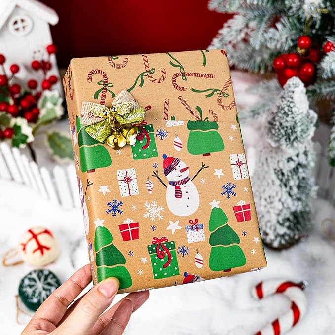 Yarcony Christmas Gift Wrapping Paper Roll, Kraft Snowman Wrapping Paper，Reversible Snowman, Candy Cane & Bow Design Winter Theme Thick Christmas Gift Wrap for Holiday Celebration (17 Inch X 33 Feet)