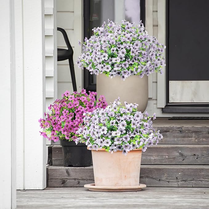 Artificial Flowers Outdoor Faux Plants UV Resistant Fake Patio Flowers Plastic Greenery Plnats Outside Bulk for Spring Garden Hanging Planter Home Vase Decor, 12 Bundles (White)
