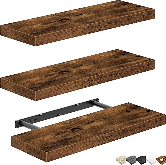 QEEIG Floating Shelves for Wall Bathroom Shelf Bedroom Kitchen Living Room Hanging Book Shelves Small Farmhouse Decor 16 inch Set of 3, Rustic Brown (015-BN3)