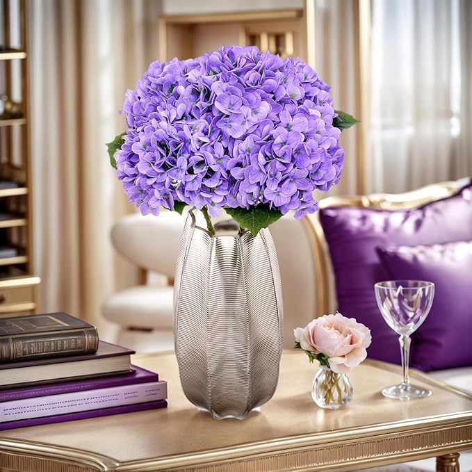 Kimura's Cabin 5Pcs 21inch Lifelike Faux Hydrangea Flowers Real Touch Latex Hydrangeas Long Stem with Leaves Artificial Hydrangea Bouquet for Home Wedding Baby Shower Birthday Party Decoration（Purple）