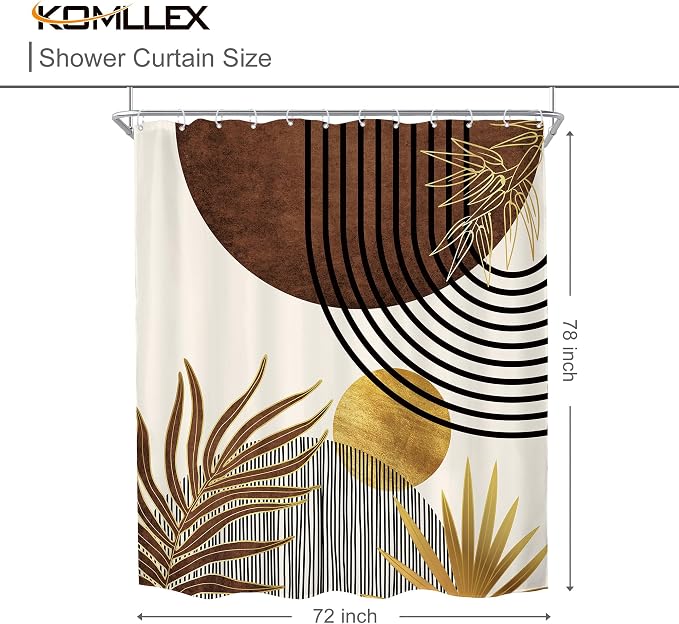 KOMLLEX Mid Century Brown Boho Shower Curtain for Bathroom Decor 72Wx78H Inches Abstract Modern Retro Tan Gold Minimalist Arch Vintage Geometric Fabric Waterproof Polyester 12 Pack Hooks Pack Hooks