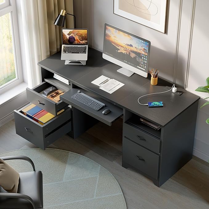 Bestier 59” Computer Desk with 4 Drawers, Office Desk with Storage, Modern Executive Desk with Charging Station, Keyboard Tray & Wooden Pedestals on Both Sides for Home Office & Studio, Black
