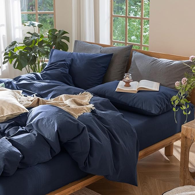 MooMee Bedding Duvet Cover Set 100% Washed Cotton Linen Like Textured Breathable Durable Soft Comfy (Solid Navy, King 104"x90")