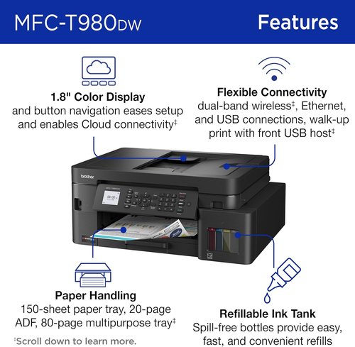 Brother INKvestment Tank 980 All-in-One Color Inkjet Printer - Wireless & Ethernet | Includes 3 Years of Ink