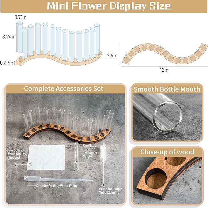 Test Tube Vases for Flowers，Small Plant Propagation Station，S Shape Plant Terrarium with Wooden Stand(Amber)