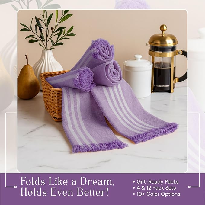 Striped Kitchen Towels 12 Pack, 16x26 Inches, 100% Cotton, Absorbent Dish Towels for Kitchen Drying, Reusable Dishcloths for Cleaning, Quick Dry Wash Rags for Everyday Use - Lavender