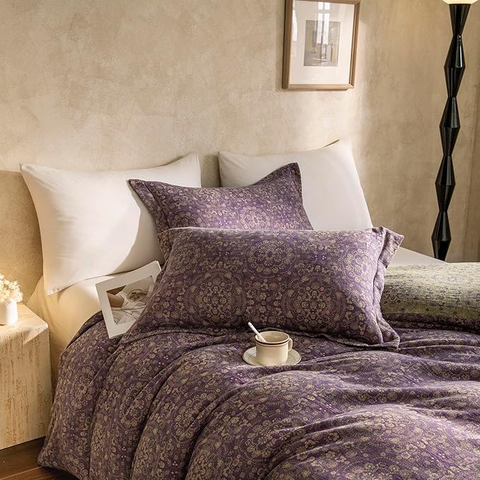 EAVD Soft 100% Cotton Muslin Yarn-Dyed Jacquard Textured Duvet Cover Twin Chic Shabby Purple Floral Duvet Cover with Zipper Closure Linen Like Gauze Floral Bedding Set with 2 Pillowcases