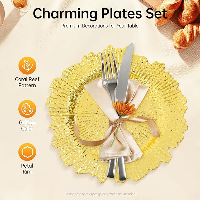 24 Pcs Gold Charger Plates Bulk, 13" Reef Plate Chargers for Dinner, Round Plastic Floral Table Charger Plates for Table Setting, Wedding, Christmas, Party, Event, Decoration
