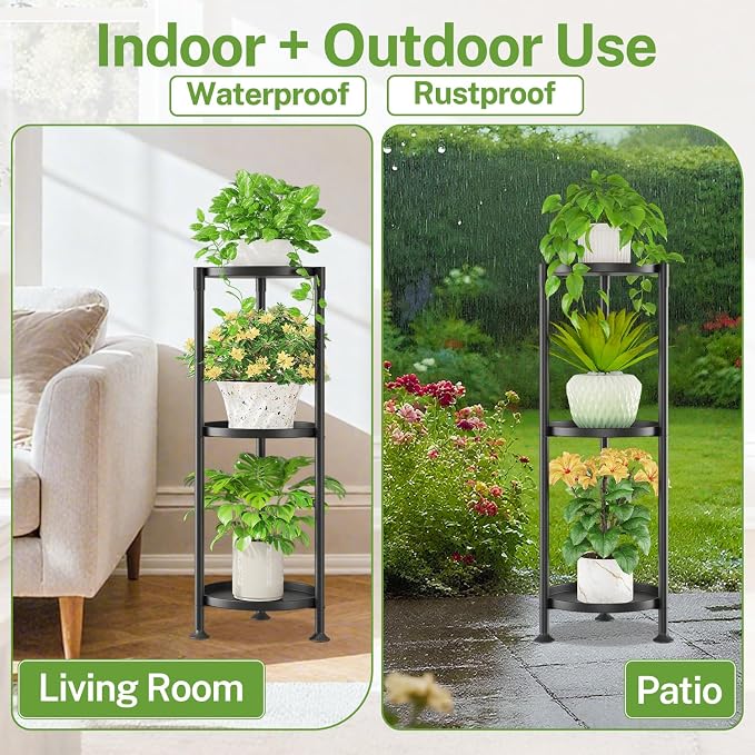 iDavosic.ly 3 Tier Plant Stand Indoor with 10 Inch Wide Tray, Tiered Corner Metal Outdoor Flower Display Holder, Vertical Tall Rack for Patio Porch Living Room, Modern Black