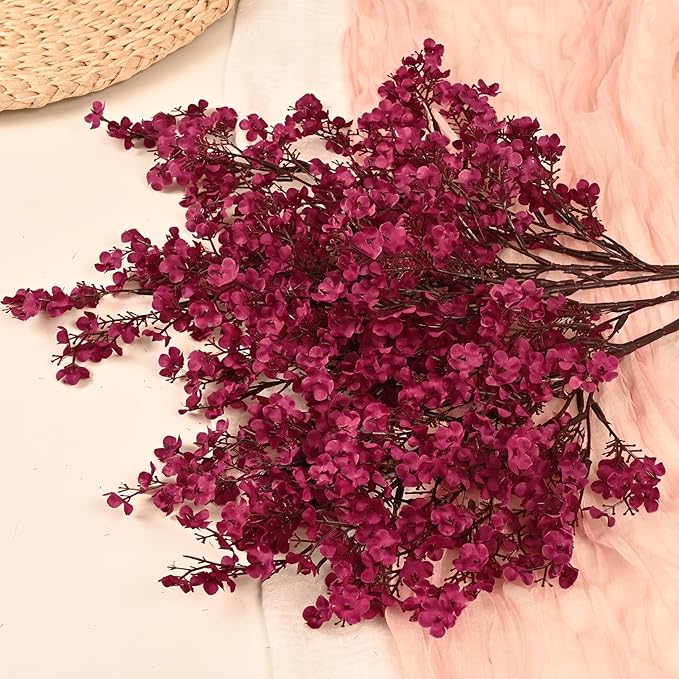 Yastouay Fake Fall Flowers Real Touch Silk Flowers, 10Pcs Fall Burgundy Artificial Flowers for Decorations, Babys Breath Artificial Flowers Bulk for Thanksgiving Fall Decor Floral Arrangement
