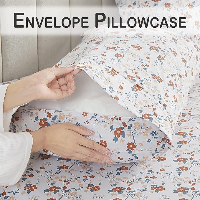 Softan Orange Flower Sheets for King Size Bed Floral Bed Sheets King Printed Sheets - 4 Piece Soft Microfiber Patterned Fitted Sheets King with 15" Deep Pocket
