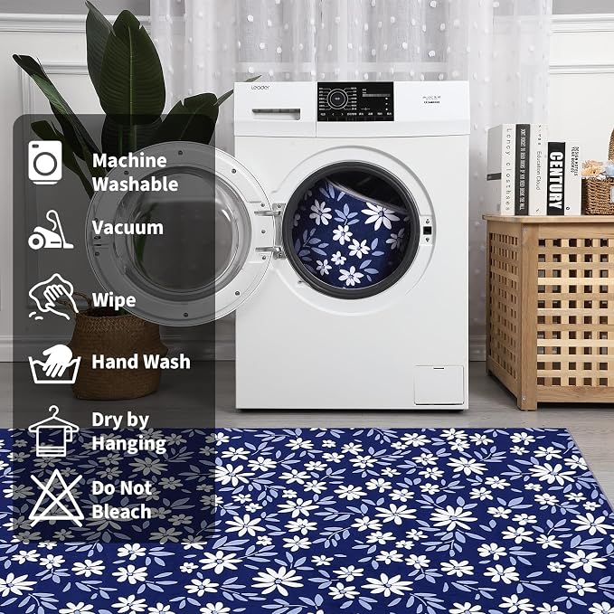 Washable 8x10 Rug Modern Floral Area Rug for Living Room Low Pile Soft Bedroom Indoor Carpet Modern Solid Large Rugs Non Slip Thin Foldable Floral Carpet Mat for Nursery Dining Room, Navy