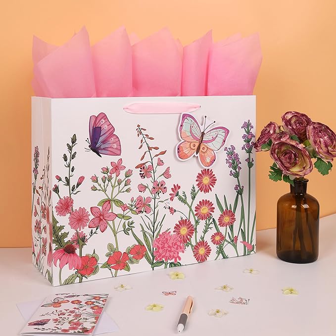 Qirrmiy 16.5” Extra Large 3D Butterfly Gift Bag Set with Handles, Greeting Card, Pink Tissue Papers and Stickers for Women Girls for Birthday, Mothers' Day, Wedding, Anniversary, Floral Design, 1 Pcs