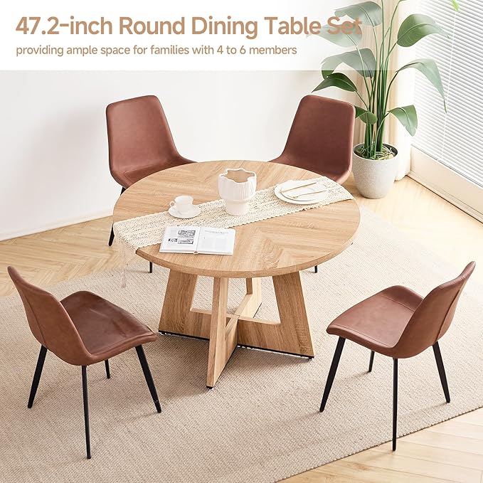 47 inch Round Dining Table Set for 4 with Chairs Kitchen Table and Chairs Set Mid-Century Modern Round Wood Kitchen Tables with Upholstered Synthetic Leather Chairs Set of 4