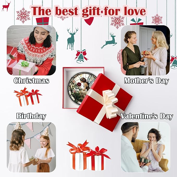 Stained Glass Window Hanging - Butterfly Flower Fairy Suncatcher for Door Terrace Garden Home Decor Yellow Green Plants Sun Catcher Birthday Gifts for Lovers Women Men Dad Mom Nana 7.8 in
