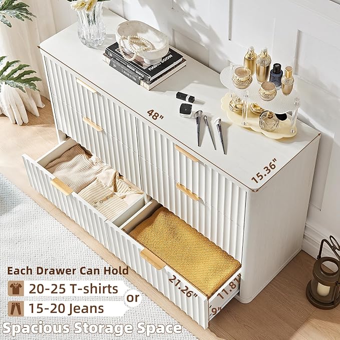 LEYAOYAO Fluted 6 Drawers Dresser, 48" Wide Modern Chest of Drawers with Wood Grain Top, Curved Profile Design, Dresser TV Stand, Wood Drawer Organizer for Bedroom, Living Room, Antique White