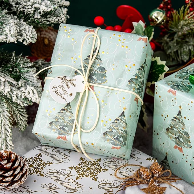 MAYPLUSS Christmas Wrapping Paper Roll, Green Tree Wrapping Paper, Watercolor Green Christmas Tree and Snowflake Gift Wrap w/Metallic Foil Shine for Holiday Gift Packaging (17 Inch X 16.5 Feet)