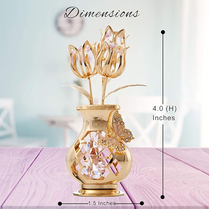 Matashi 24K Gold Plated Flower Ornament with Pink Crystals & Butterfly – Elegant Vase Décor – Perfect Christmas, Valentine’s for Her, Mom, Wife, Grandma