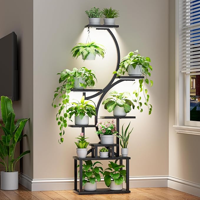 Plant Stand with Grow Lights for Indoor Plants, 8-Tiered Tall Corner Plant Shelf with Full Spectrum Light, S-Shaped Space-Saving Narrow Flower Holder, Anti-Tip for Living Room Bedroom Office, Black