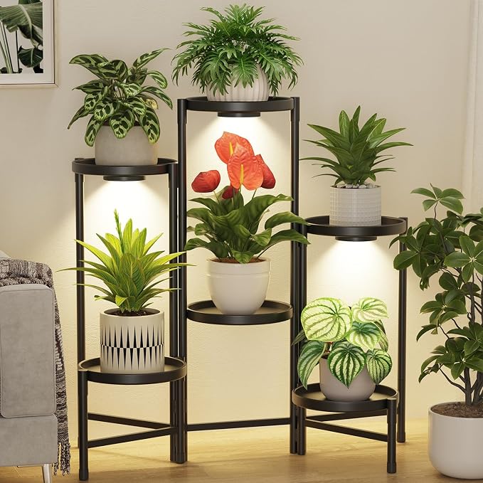 LASZOLA 6 Tier Large Plant Stand Indoor Tall with Grow Lights, Corner Folding Flower Display Rack with 10 Inch Metal Tray, Modern Plant Holder Shelf for Outdoor Patio Porch Garden Living Room, Black