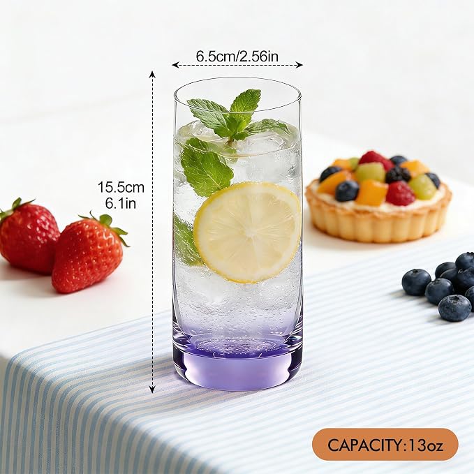 Purple Highball Glasses Set of 6, 13oz Drinking Glass Cups for Mixed Drink Cocktail, Beer, Mojito, Water and Juice,Thick Tall Crystal Glassware for Kitchen, Restaurant, Home Bar and Parties