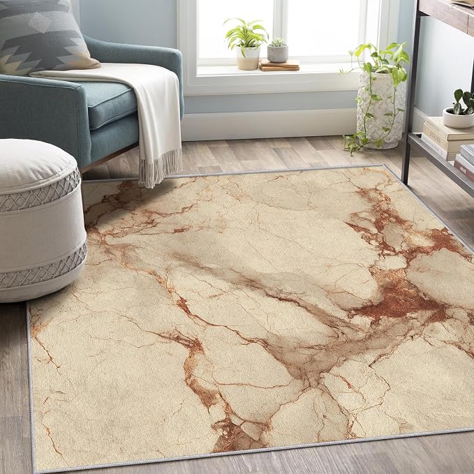 Beige Marble Abstract Area Rug, Vintage Stone Pattern Carpet, Washable Non Slip Low Pile Soft Thin, Living Room Bedroom Home Decor Mat 6x8ft