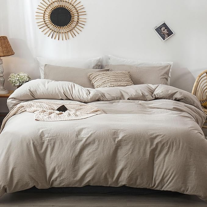 MooMee Bedding Duvet Cover Set 100% Washed Cotton Linen Like Textured Breathable Durable Soft Comfy (Heathered Tannish Linen Grey, Alaska King 132"x120")