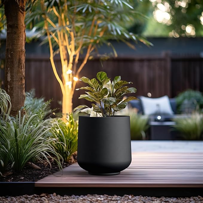 Kante 15.3" Dia Round Concrete Planter, Outdoor Indoor Large Plant Pots Containers with Drainage Hole and Rubber Plug for Home Garden Patio, Black