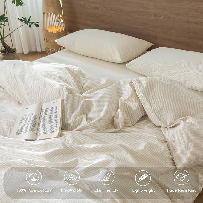 MooMee Striped Duvet Cover Set 100% Washed Cotton Linen Like Textured Breathable Durable Soft Comfy (Almond Milk Grey Pinstripes, Palatial King/Oversized King 120"x98")