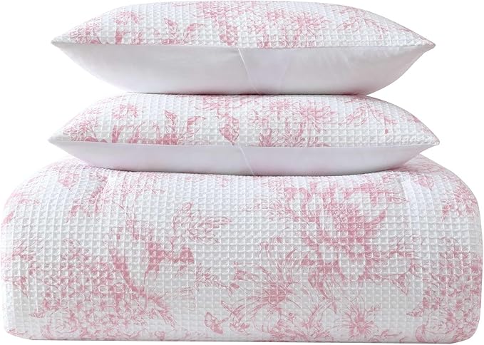 Laura Ashley - Comforter Set, Soft Poly Waffle Textured Bedding with Matching Shams, Delicate Floral Design (Delphine Pastel Pink, King)