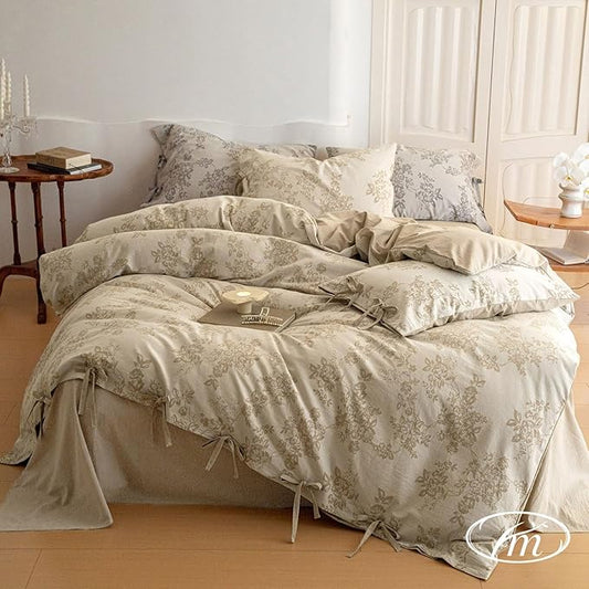 VM VOUGEMARKET Garden Floral Duvet Cover Queen,3 Pcs Yarn-Dyed Jacquard Textured Duvet Cover with Bowknot Retro Monet Style Bedding Set-90"x90",Khaki