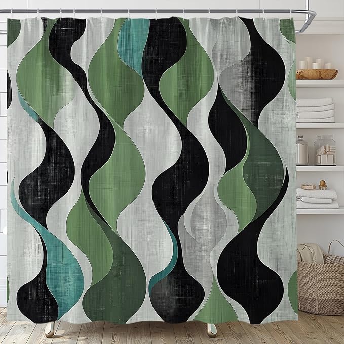 Mid Century Shower Curtain Boho Minimalist Modern Abstract Aesthetic Geometric Striped Atomic Retro Earthy Fabric Bathroom Decor Set with Hooks(84" Wx70 H)