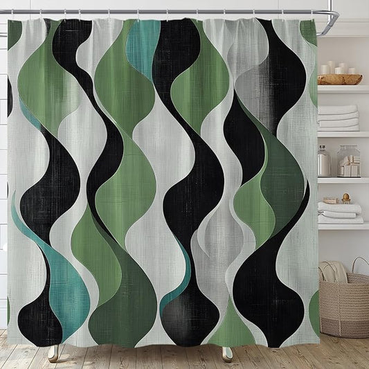 Mid Century Shower Curtain Boho Minimalist Modern Abstract Aesthetic Geometric Striped Atomic Retro Earthy Fabric Bathroom Decor Set with Hooks(70" Wx74.8 H)
