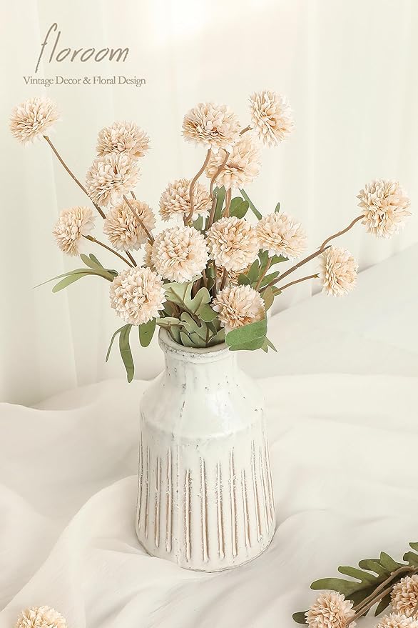 Floroom 6pcs Beige Faux Silk Mums Artificial Flowers, Bulk Fake Small Mini Chrysanthemums with Stems for DIY Champagne Wedding Centerpieces Floral Arrangements Vase Fillers Home Decorations
