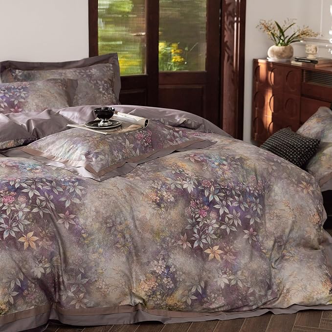 mixinni Vintage Floral Duvet Cover Set - King Size, 100% Long Staple Cotton Percale, Reversible Purple Floral Bedding Set with Zipper Closure, 3-Piece Luxury Duvet Cover with 2 Pillow Shams (20"x36")