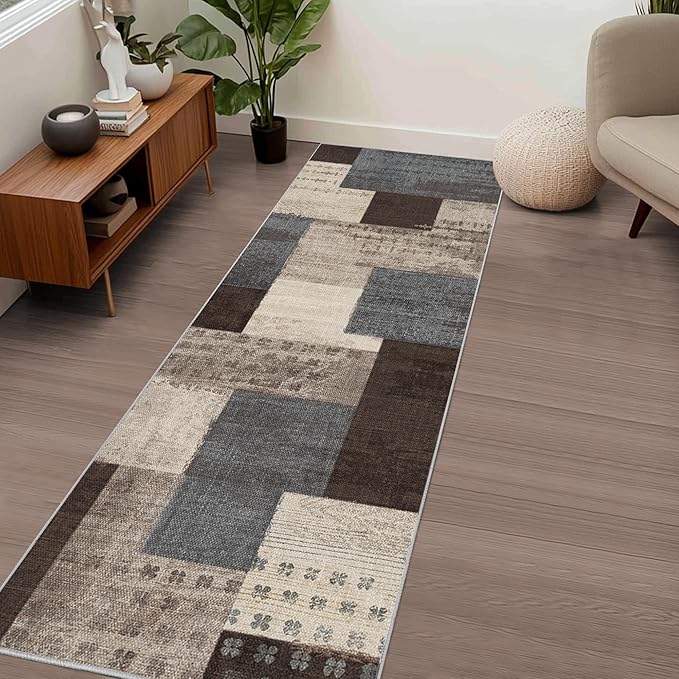 Modern Geometric Patchwork Indoor Runner Rug for Living Room, Blue-Taupe 2.7'x 8' Rug Rockwood Collection Hardwood Floors Decor for Bedroom, Blue Throw Carpet for Office Entryway Dining Room