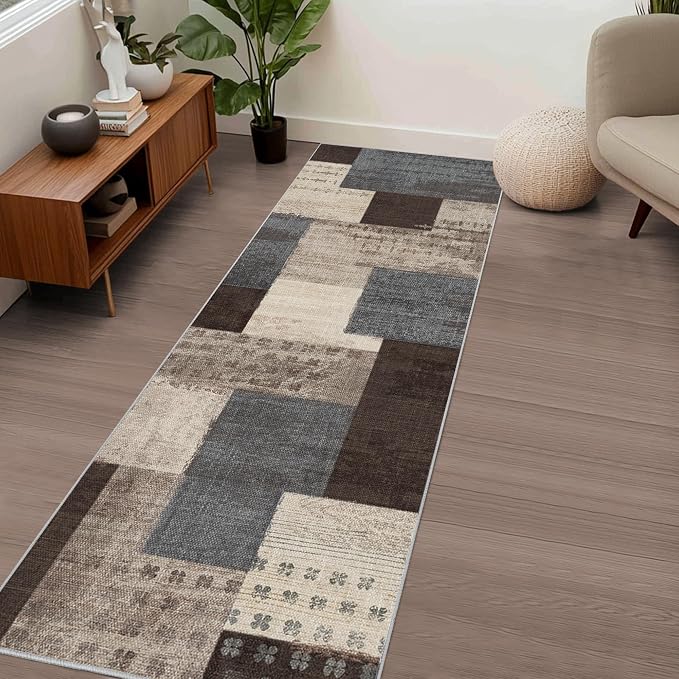 Modern Geometric Patchwork Indoor Runner Rug for Living Room, Blue-Taupe 2'x 6' Rug Rockwood Collection Hardwood Floors Decor for Bedroom, Blue Throw Carpet for Office Entryway Dining Room