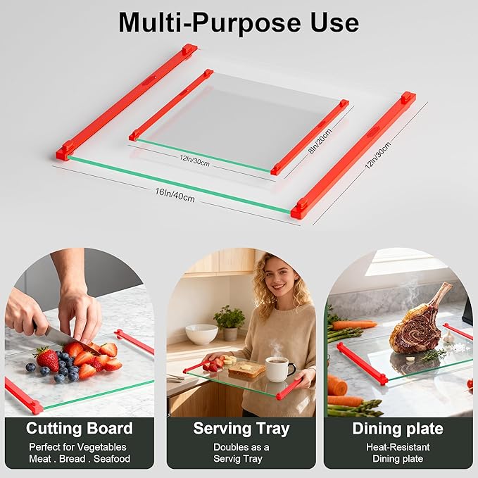 2PCS Glass Cutting Board with Silicone Grip, 80% Stronger Shatter Resistance and Slip Resistance,No Scratches/Microplastic-Free,Dishwasher Safe, Non Toxic Chopping Board for Kitchen (Red)