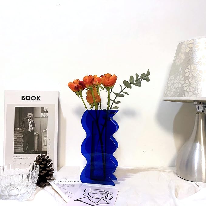 BLOFLO Klein Blue Acrylic Vase, Geometric Wave Shaped Vases for Flowers, Modern Contemporary Decor for Home Office Wedding