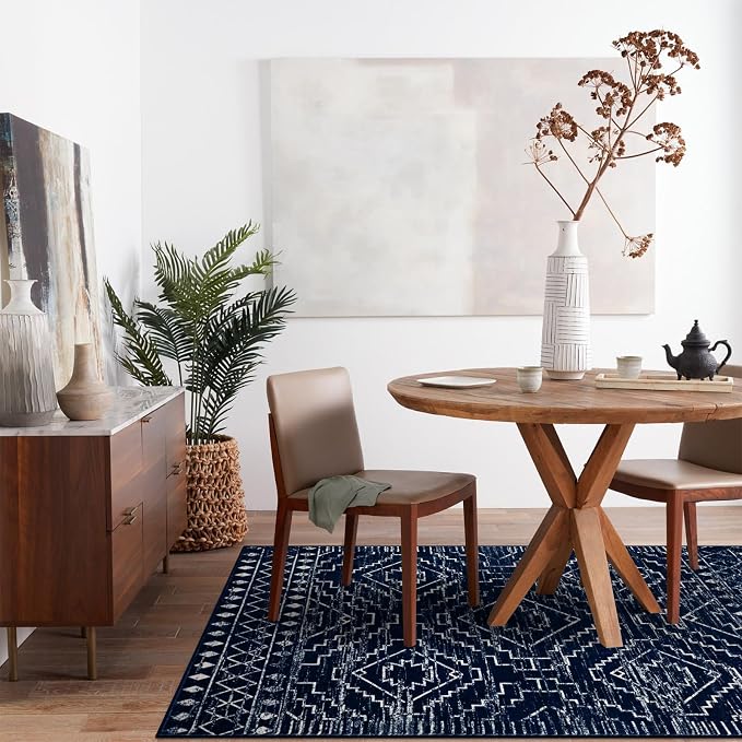 Wonnitar Moroccan 5x7 Blue Rugs for Living Room, Washable Geometric Tribal Bedroom Area Rug, Large Non-Shedding Soft Low Pile Stain Resistant Carpet for Den Kitchen Home Decor (Blue,5'x7')