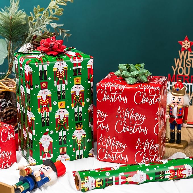 MAYPLUSS Christmas Nutcracker Wrapping Paper, Reversible Christmas Gift Wrapping Paper, Funky Cute Green Nutcracker Print Thick Gift Wrap Metallic Foil Paper for Holiday (Mini Roll, 17 Inch X 33 Feet)