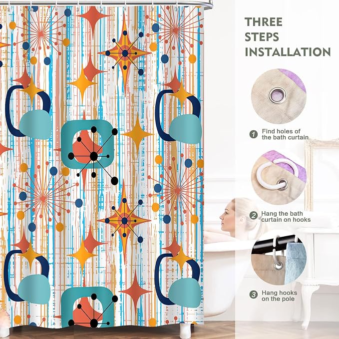 Mid Century Shower Curtain, 72x72inch, Modern Abstract Retro Colorful Striped Geometric Shower Curtain Sets 1950s Boho Bathroom Shower Curtain with 12 Hooks