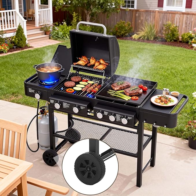 Unovivy 5-Burner Propane Gas Grill and Griddle Combo with Side Burner, BBQ Grills with Built-in Thermometer, 56,000 BTU Barbecue Grill, Oil Tray, Outdoor Patio Garden