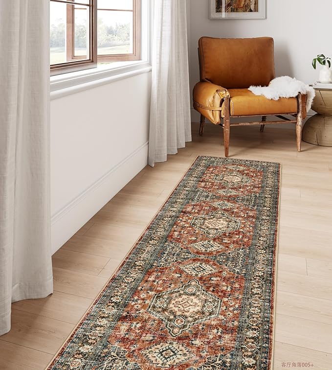 Lahome Oriental Hallway Runner Rug, 2.5x10 Washable Runner Ultra-Thin Hallway Rug for Bedroom Entryway, Soft Long Carpet for Kitchen Bathroom ‎Laundry Room, Brick Red