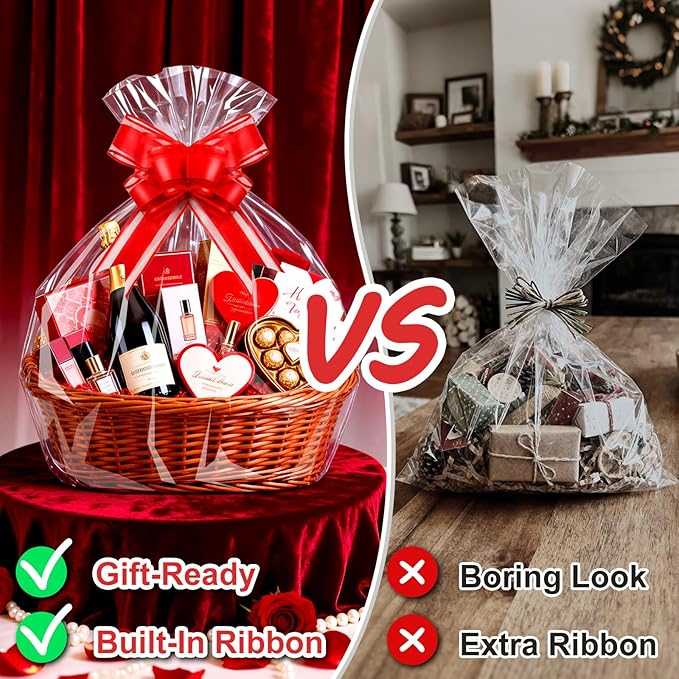 PigPotParty 24"x30" Clear Cellophane Gift Bags - Includes Bows – 10 Pack Large Cellophane Wrap for Gift Baskets, Plastic Gifts Bags for Gift Giving