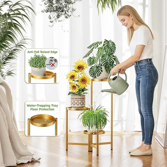 3 Tiered Plant Stand Indoor for Multiple Large Planter, Tall Heavy Duty Adjustable Folding Rack with Rustproof 7.9 Inch Wide Tray, Gold Plant Shelf for Corner Living Room - GoldDisk