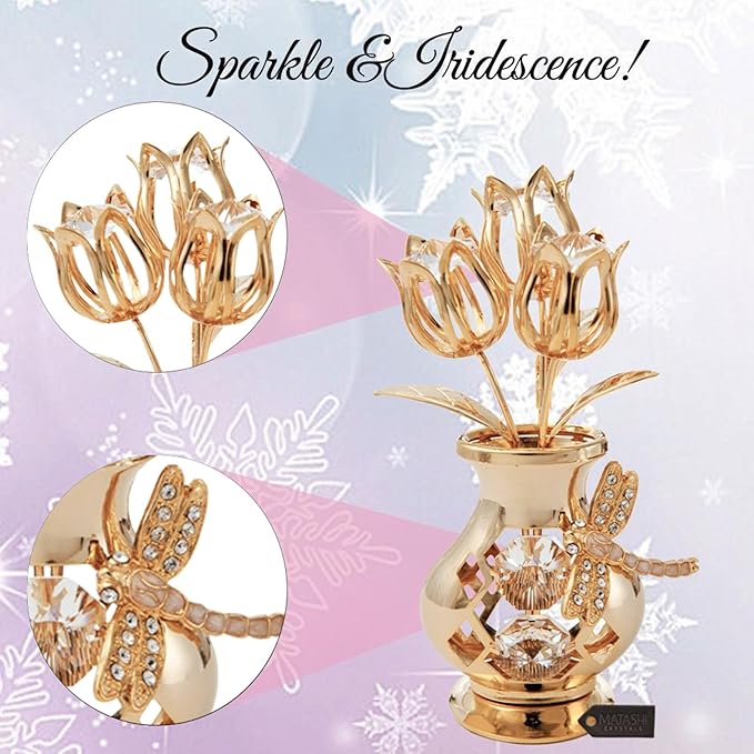 Matashi 24K Gold Plated Crystal Flower Vase with Dragonfly Figurine – Beautiful Home Décor – Ideal Christmas, Valentine’s for Women, Mom, or Friends